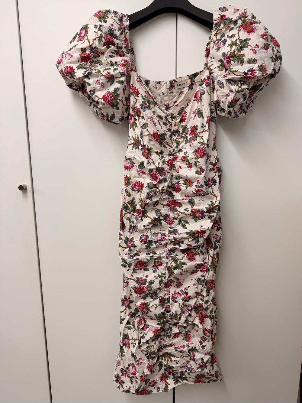 RHODE White Floral Midi Dress with Pink and Green Bouquet Print